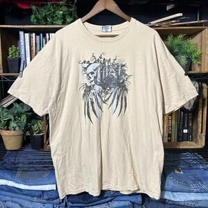Vintage Y2K Lost Brand Skull Angel Wings Grunge Tee XL Tan Black Skater Shirt